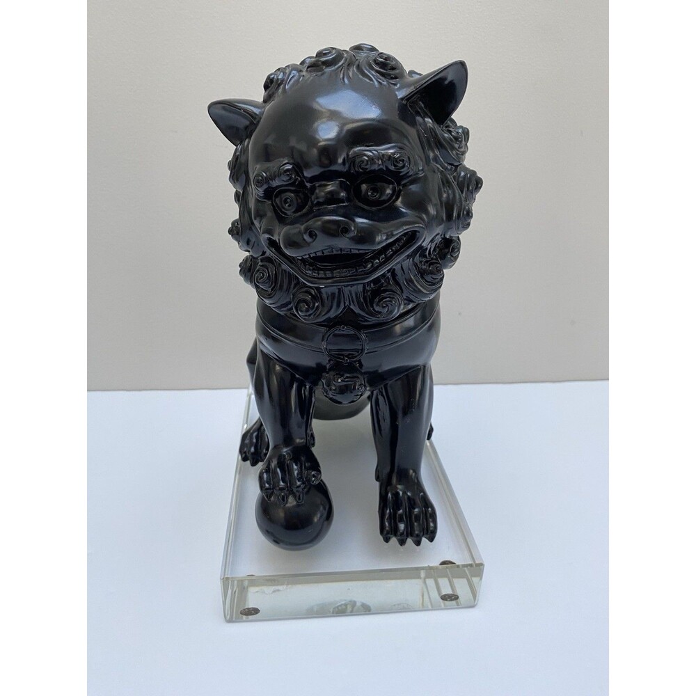 Modern Black Heavy Ceramic Chinese Foo Dog on Large Lucite Base Statue / Bookend - Picture 5 of 10